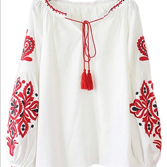 White / Red Embroidered Bohemian Smock Top with Tassel - Picture 6 of 6